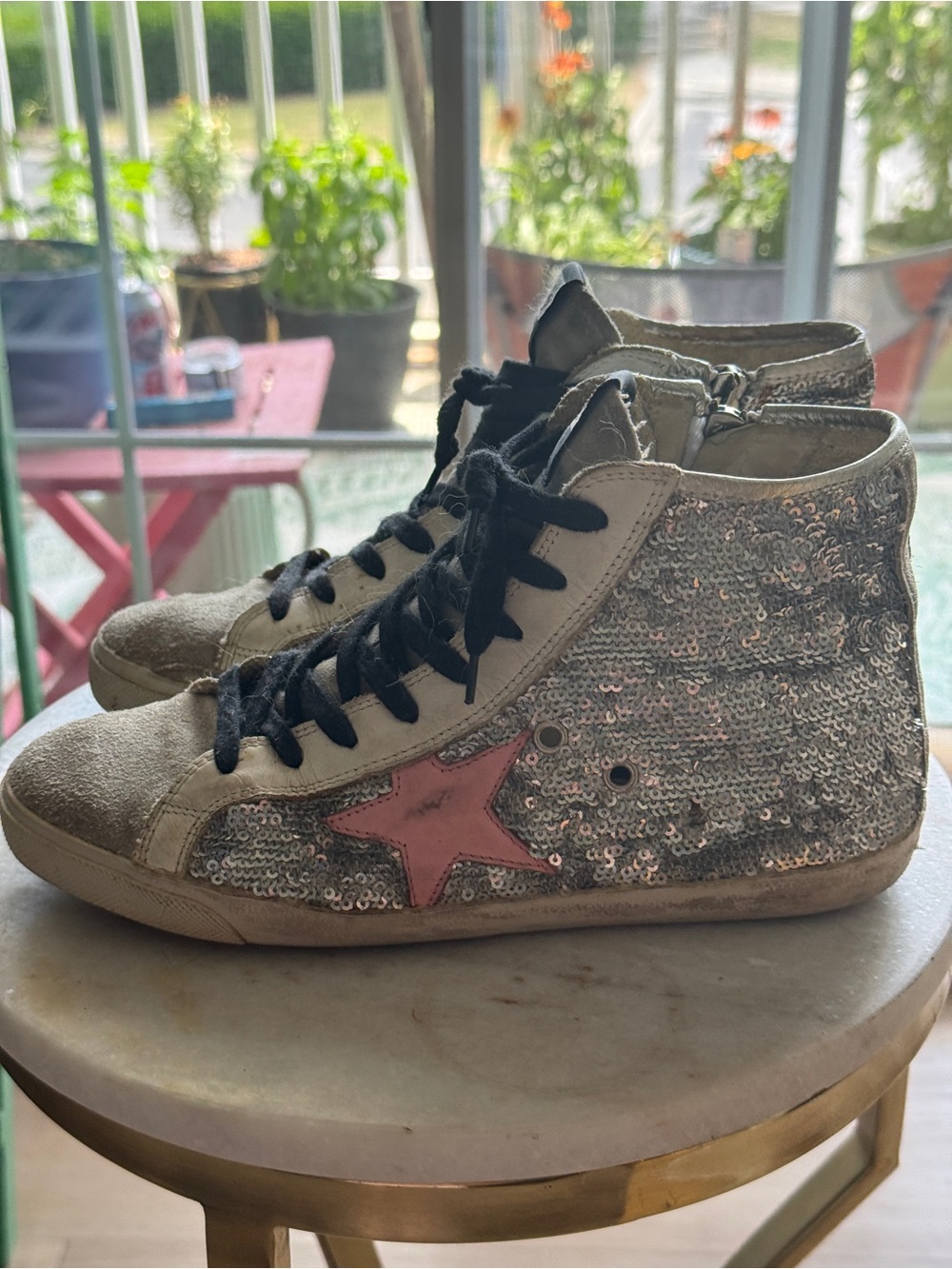 Silver Sequin High-Top Golden Goose Sneakers with Pink Star - Picture 4 of 5